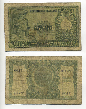 Италия 50 лир 1951 Афина Pick 91a бумага 7217-80-2-1