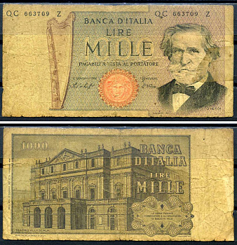 Италия 1000 лир 1977 Pick 101 e бумага 6285-35-1-2