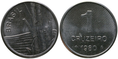 Бразилия 1 крузейро 1980 KM 590, Schon 99 нержавеющая сталь aUNC 4567-1012