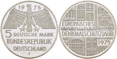ФРГ 5 марок 1975 F, Европейский год охраны памятников J. 417, KM 142.1 серебро PROOF 650-1332