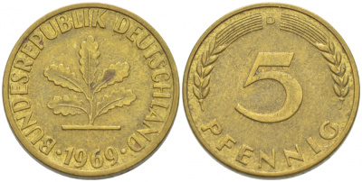 ФРГ 5 ПФЕННИГОВ 1969 D KM 107 J. 382 сталь плакированная латунью 3955-555
