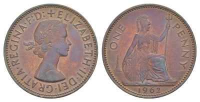 Великобритания 1 пенни 1962 Елизавета II (1952-2022) КМ 897, Spink 4157 бронза 4634-515