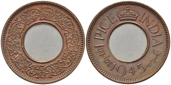 Британская Индия 1 пайс 1945 Георг VI (1936-1952) KM 533 бронза 28-532