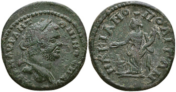 Римская Империя, Провинция Нижняя Мезия, Маркианополь AE 198 - 217 Каракалла, бюст императора / Омонойа, персонификация Порядка, с рогом изобилия у алтаря Varbanov 1796 бронза 1100-7-97