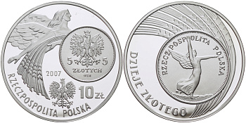 Польша 10 злотых 2007 MW, история злотого, 5 злотых 1928 года, Богиня победы Ника KM 589 серебро PROOF 1087-7-35