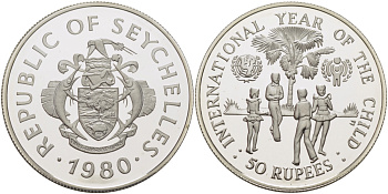 Сейшельские острова 50 рупий 1980 ООН, международный год защиты детей, тираж 10000 экз. KM 42 серебро PROOF 02-208-14