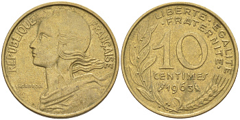 Франция 10 сантимов 1963 тип Marianne KM 929, LE FRANC 144.3 медь алюминий никель 187-849