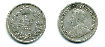 КАНАДА 5 ЦЕНТОВ 1912 ГЕОРГ V серебро 46-512