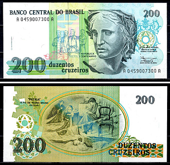 Бразилия 200 крузейро 1990 Pick 229 бумага UNC (пресс) 7554-15-2-2