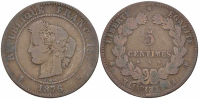 ФРАНЦИЯ 5 САНТИМОВ 1876 А, ТРЕТЬЯ РЕСПУБЛИКА (1871-1940) KM 821.1, LE FRANC 118.14 бронза 108-617