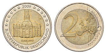 Германия 2 евро 2009 F, серия Федеральные земли, Саарланд, церковь Святого Людвига в Саарбрюккене KM 276 биметалл 4693-1022