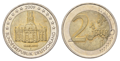 Германия 2 евро 2009 F, серия Федеральные земли, Саарланд, церковь Святого Людвига в Саарбрюккене KM 276 биметалл 4693-1022