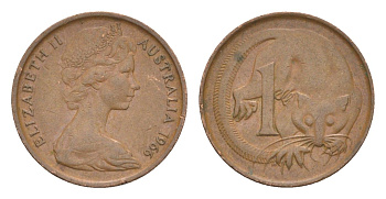 Австралия 1 цент 1966 Елизавета II (1952-2022), молодой портрет, опоссум KM 62 бронза 4585-119