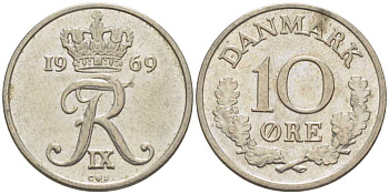 Дания 10 эре 1969 C,S, Фредерик IX (1947-1972) KM 849.1 медно-никель 4387-1017
