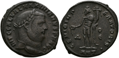 Римская Империя нуммий 309 Галерий GENIO IMPERATORIS Антиохия Good Very fine RIC 112a (var) бронза 1073-10-24