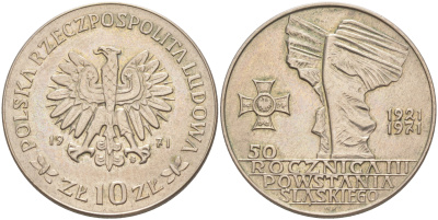 Польша 10 злотых 1971 MW, 50 лет битве за Верхнюю Силезию KM 64 медно-никель UNC 4111-923