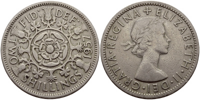 Великобритания 2 шиллинга (флорин) 1957 Елизавета II (1952-2022) KM 906, Spink 4146 медно-никель 85-723