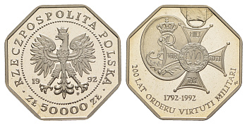 Польша 50000 злотых 1992 200 лет ордену Виртути Милитари KM 229 медно-никель  PROOF  1096-4-64