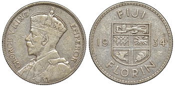 Фиджи 1 флорин 1934 Георг V (1910-1936), герб Фиджи KM 5 серебро    91-1214