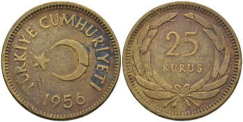 Турция 25 куруш 1956  KM 886 латунь 4595-457