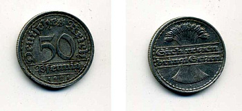 ГЕРМАНИЯ 50 ПФЕННИГОВ 1921 F KM 27, J. 301 алюминий 35-1237