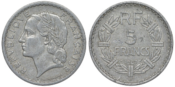Франция 5 франков 1947 B, открытая 9, тип Лаврийе KM 888b.2, Le Franc 339.11 алюминий 4123-533