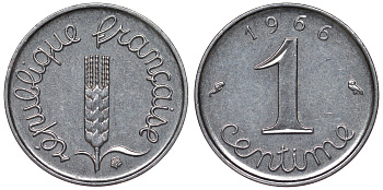 Франция 1 сантим 1966 пятая республика KM 928, Le Franc 106.12 нержавеющая сталь 4124-368