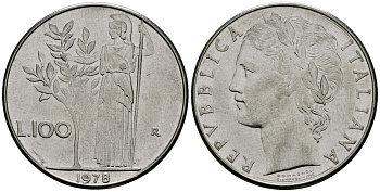 Италия 100 лир 1978 R, Афина у оливкого дерева KM 96.1 нержавеющая сталь 4137-235