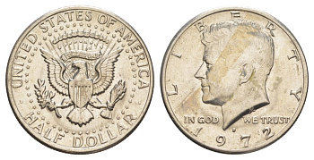 США 1/2 доллара (50 центов) 1972 D, Джон Кеннеди KM 202b медь плакированная медно-никелем aUNC 189-724
