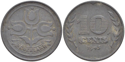 НИДЕРЛАНДЫ 10 ЦЕНТОВ 1943 ВИЛЬГЕЛЬМИНА I (1891-1948), ГЕРМАНСКАЯ ОККУПАЦИЯ, ВТОРАЯ МИРОВАЯ ВОЙНА KM 173 цинк 4548-841