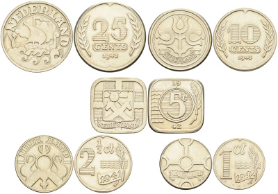 Нидерланды набор из 5 монет 1940-1945 Вильгельмина, реплика UNC N6-63