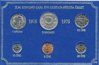 Швеция набор монетного двора из 6 монет 1976 в картоне, Карл XVI Густав (1973- ) KM MS4 UNC 7-5-7-216