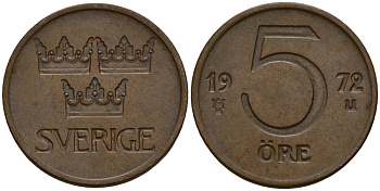 Швеция 5 эре 1972 Густав VI Адольф (1950-1973) KM 845 бронза 4154-742