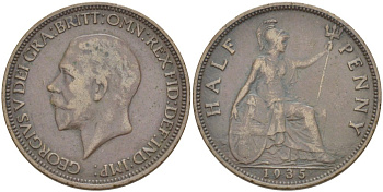 Великобритания 1/2 пенни 1935 Георг V (1910-1936) KM 837, Spink 4058 бронза 4514-1144