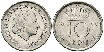 НИДЕРЛАНДЫ 10 ЦЕНТОВ 1966 ЮЛИАНА KM 182 никель 96-425