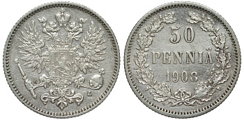 Россия для Финляндии 50 пенни 1908 L, Николай II (1894-1917) КМ 2.2, Биткин 403 серебро 75-844