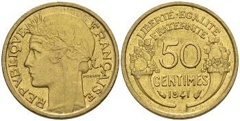 ФРАНЦИЯ 50 САНТИМОВ 1941 ТИП MORLON KM 894.1, LE FRANC 192.18 алюминиевая бронза 44-617