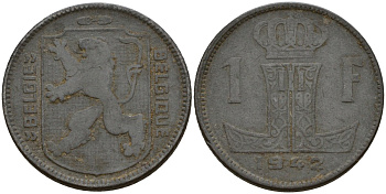Бельгия 1 франк 1942 Belgique - Belgie, Леопольд III (1934-1947), германская оккупация, Вторая мировая война KM 127 цинк 4161-447