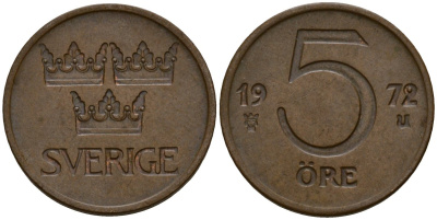 Швеция 5 эре 1972 Густав VI Адольф (1950-1973) KM 845 бронза 4154-742