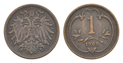 Австрия 1 геллер 1909 Франц Иосиф I (1848-1916) KM 2800 бронза 4639-957