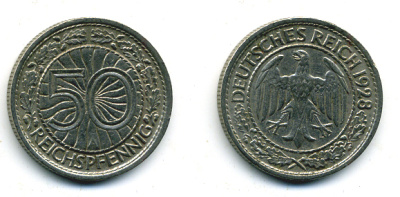 Германия 50 рейхспфеннигов 1928 A KM 49, J.324 никель 58-231