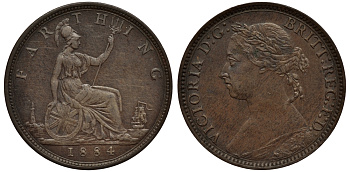 Великобритания 1 фартинг 1884 Виктория (1837-1901) KM 753, Spink 3958 бронза 4114-726