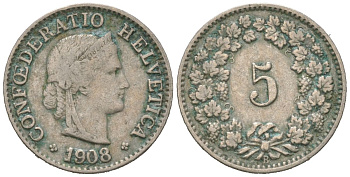 Швейцария 5 раппенов 1908 B KM 26 медно-никель 4164-456