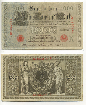 ГЕРМАНИЯ 1000 МАРОК 1910 КРАСНАЯ ПЕЧАТЬ, 7 ЦИФР В НОМЕРЕ Pick 44b бумага 7183-5-3