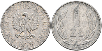 Польша 1 злотый 1978 MW, Народная Республика KM 49.1, Parchimowicz 213p алюминий 4182-234