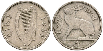 Ирландия 3 пенса 1956 заяц KM 12а медно-никель 4596-1065