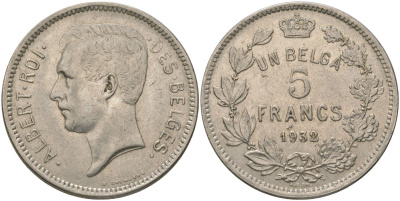 Бельгия 5 франков 1932 Belges, Альберт I (1909-1934) KM 97 никель 4157-1125