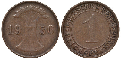 Германия 1 рейхспфенниг 1930 D KM 37 бронза 4164-218
