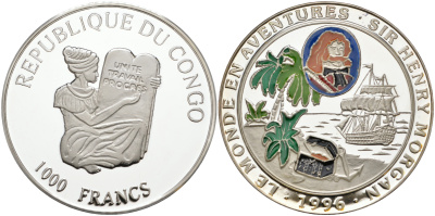 Конго 1000 франков 1996 Генри Морган, цветная эмаль серебро PROOF 11-267-34