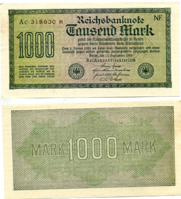 Германия 1000 марок 1922 15 сентября 1922, ВОДЯНОЙ ЗНАК F, белая бумага Pick 76  бумага   6300-40-1-2